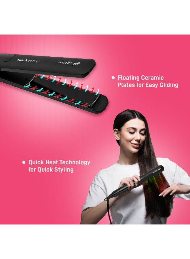 أي كونيك مكواة فرد الشعر «إيكونيك بلاك بيوتي» للنساء، مزودة بألواح عائمة مطلية بالسيراميك، مع ميزة قفل المقبض، وتقنية التسخين الفوري، فائقة النحافة وخفيفة الوزن، مناسبة للسفر، ومناسبة لجميع أنواع الشعر. - Image 4